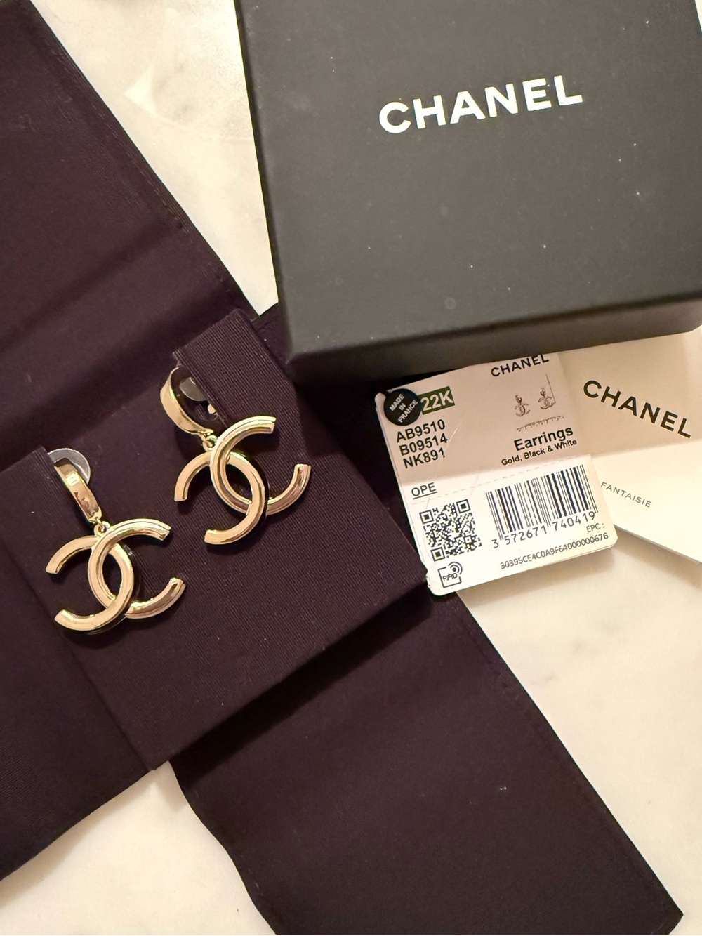 Chanel Gold, Black and White CC Hoop Earrings